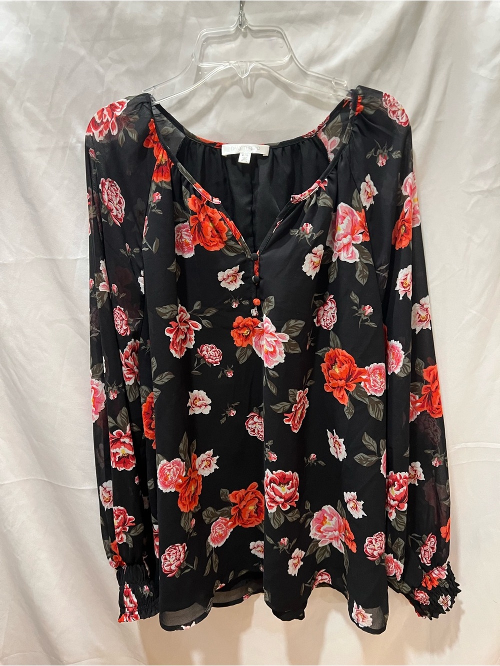 Black Floral Button-Front Blouse with Red & Pink Blooms